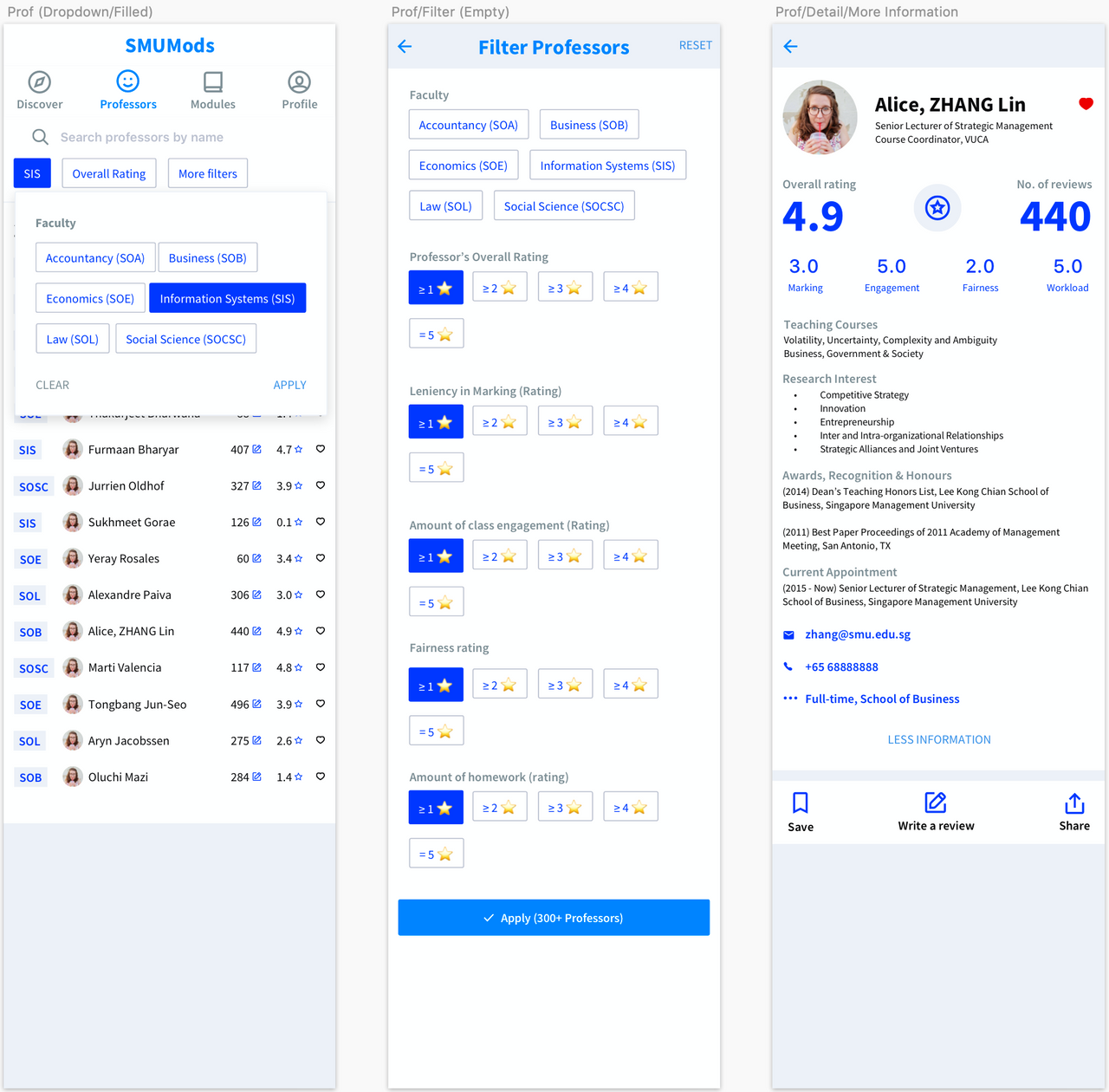 Filter modal, More filters and Professor screen with action sheet