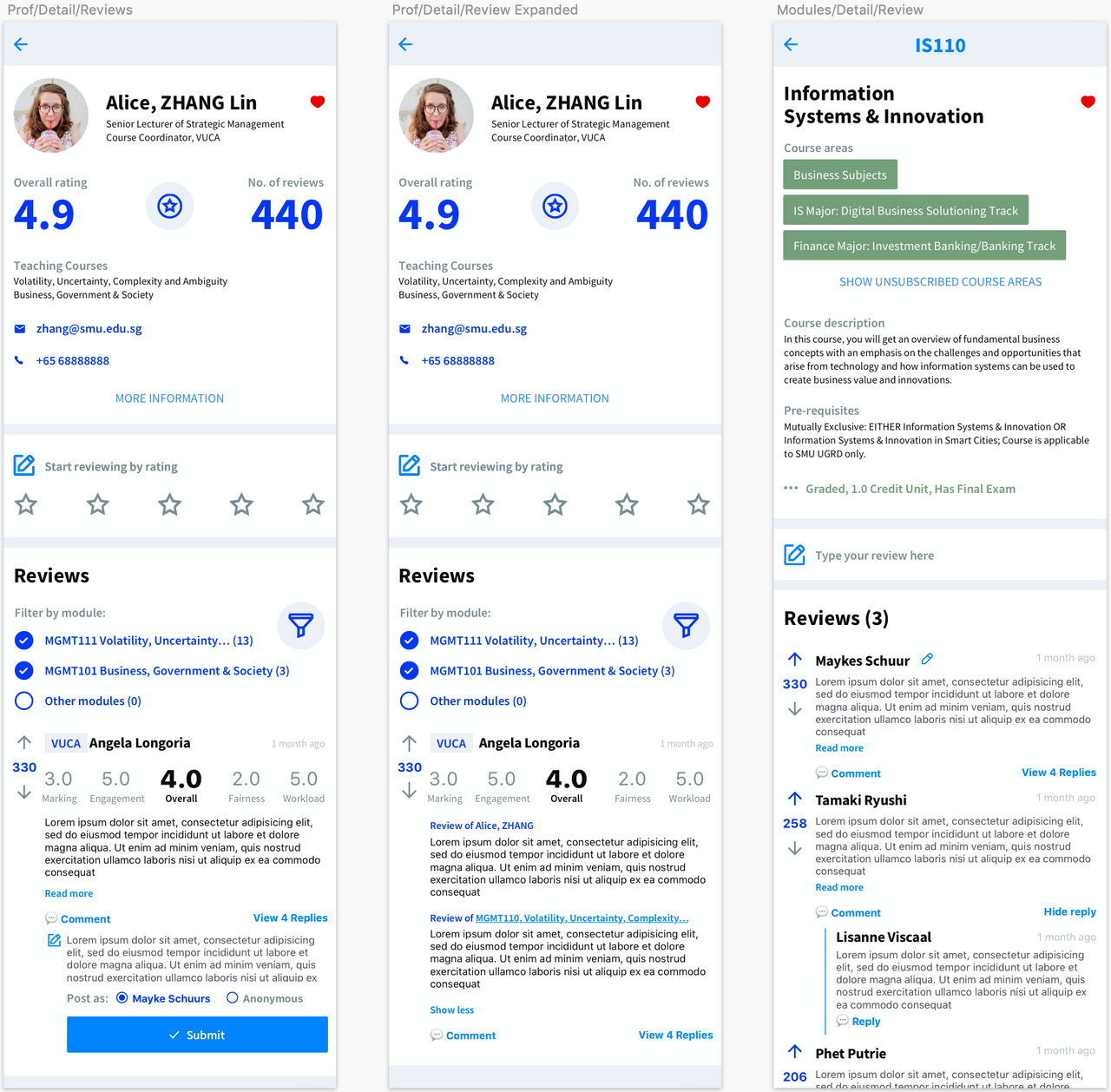 Submitting reply, Show more review, Module Screen